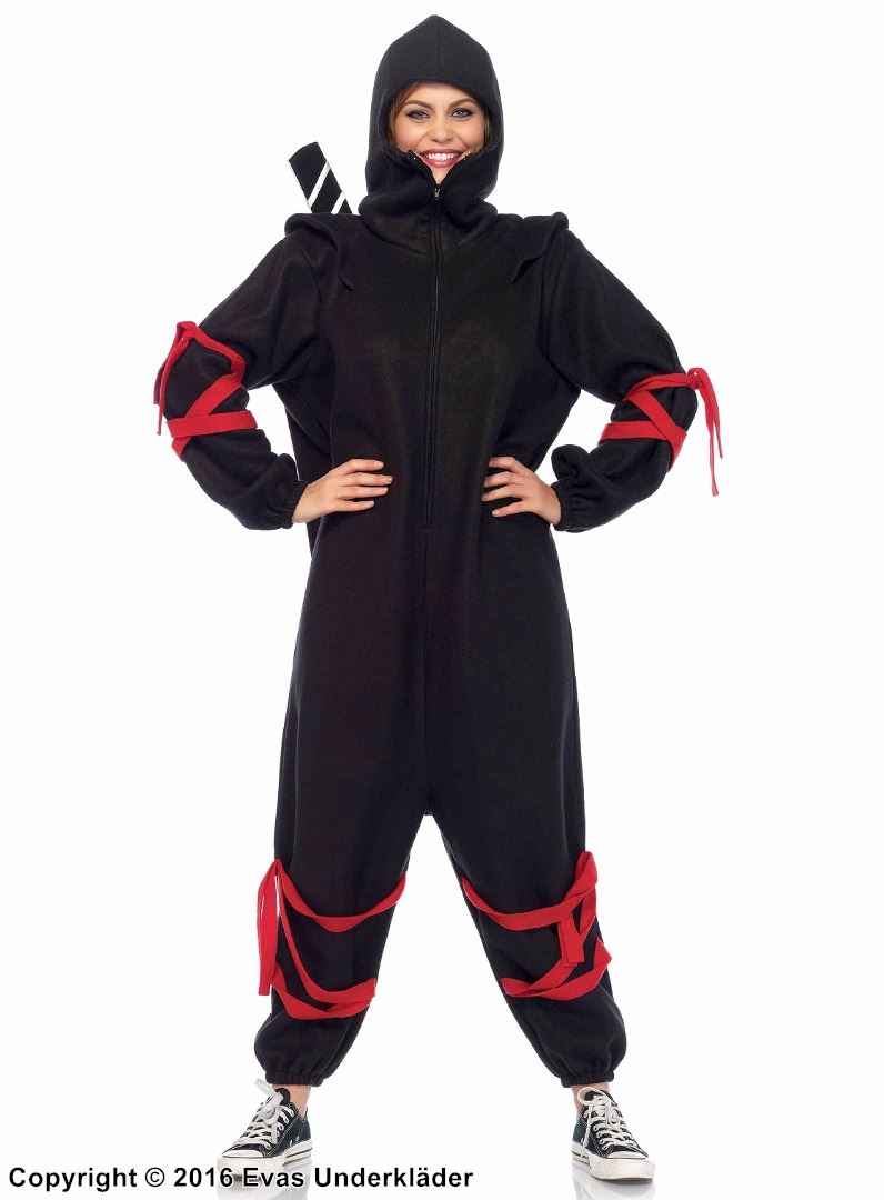 Kvinnlig ninja (aka kunoichi), Kigurumi maskerad-jumpsuit (unisex) med dragkedja på framsidan, huva och remmar